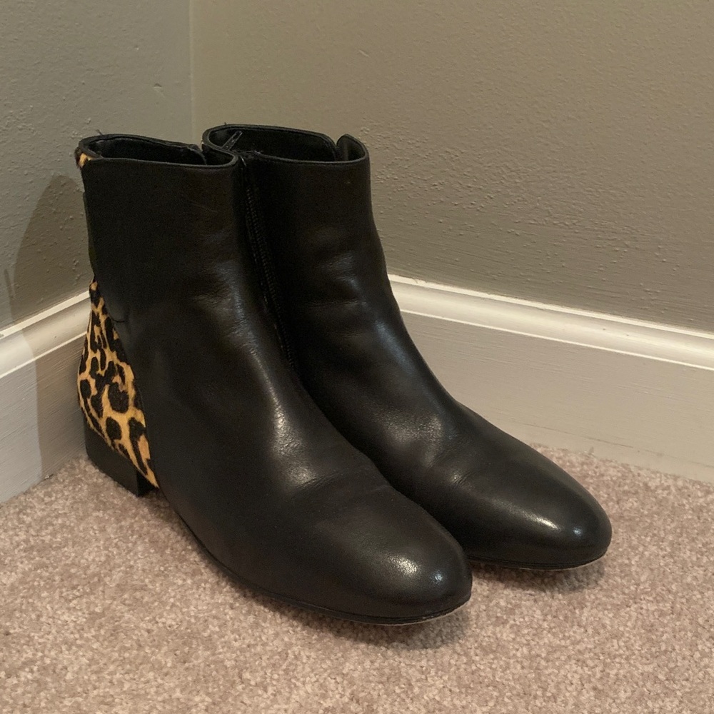Micheal Kors Black Leather Ankle Boots with Leopard Print Heel